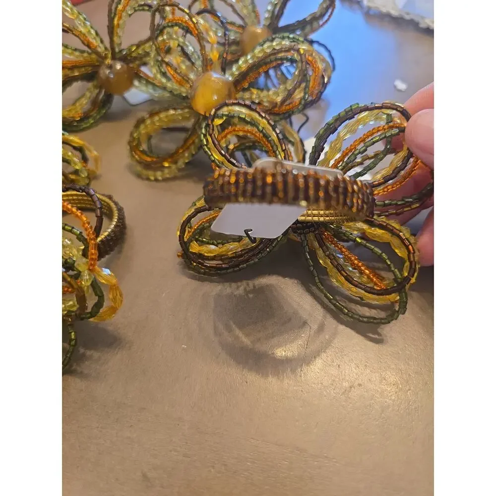 Set of 6 Beaded Flower Napkin Rings Autumn Fall Colors Gold Tone Wire Boho Decor